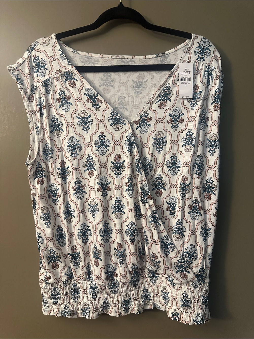 LOFT White Blue Floral-Print Sleeveless Wrap Top